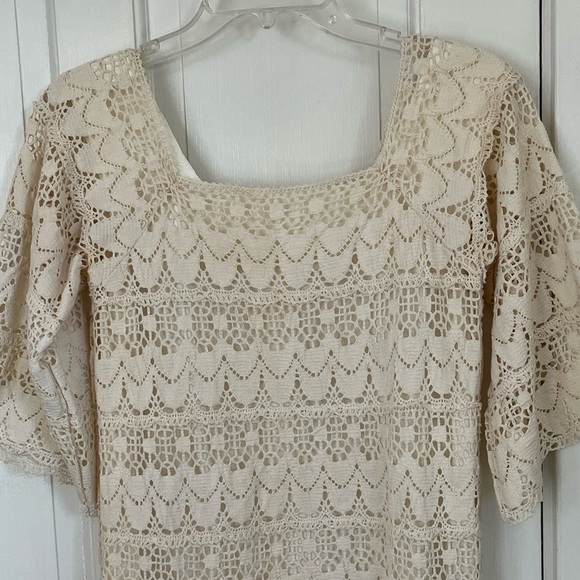 Bohemian Cream Lace Crochet Bell Sleeve Dress Womens S/M Cottagecore Romantic - Picture 2 of 12